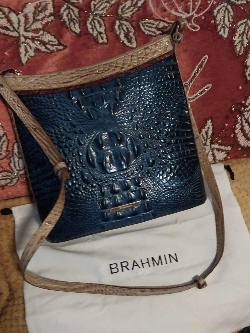 Brahmin Tri Color Blue Croc-Embossed Leather Crossbody Bag